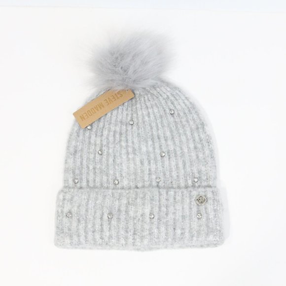 Steve Madden Beanie NEW Women Winter Hat Pom Pom Rhinestones Ribbed Knit - Picture 1 of 8